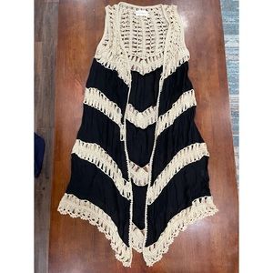 Crochet and black long boho vest